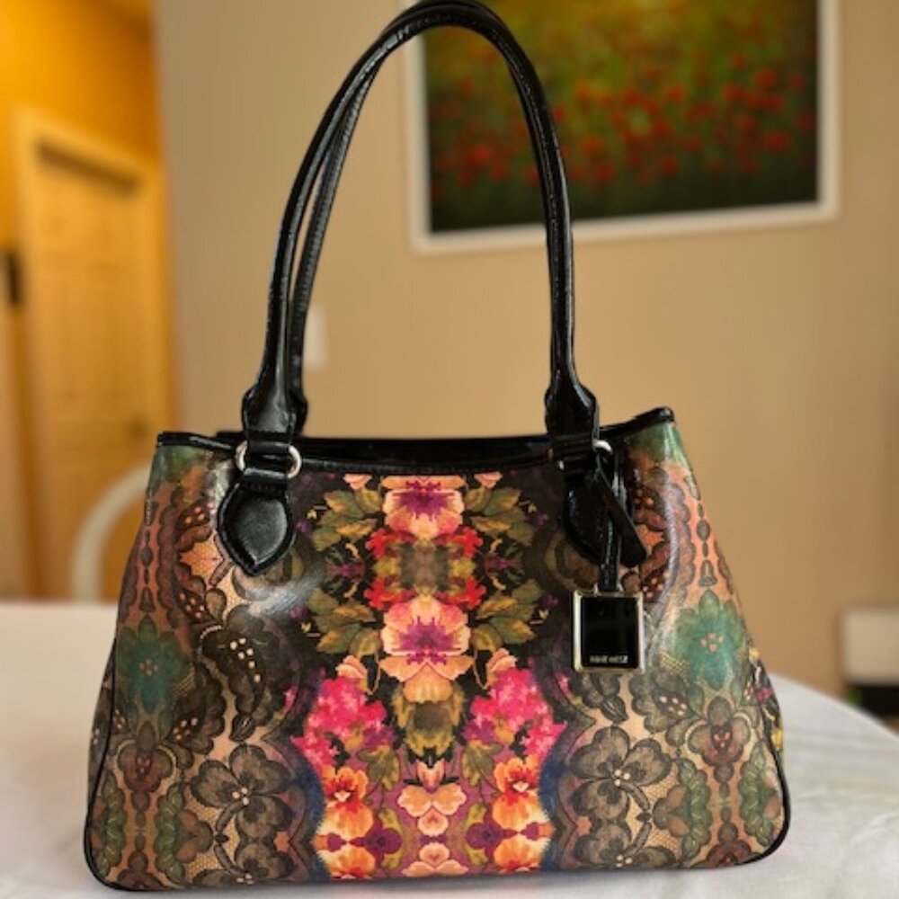 NINE WEST | Multi-color Floral with Black Trim and Bottom Lg Handbag Boho-EUC
